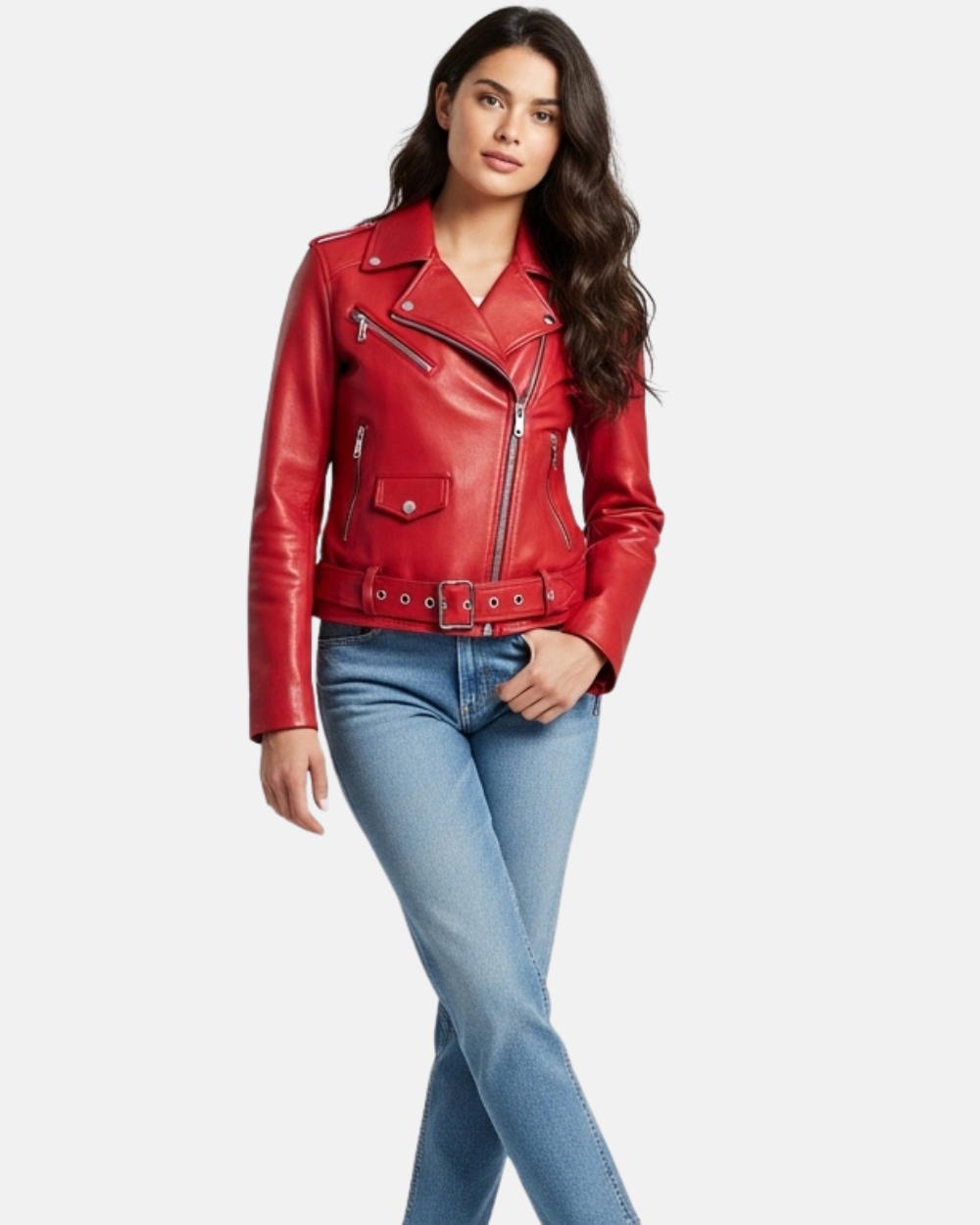 Womens Real Leather Biker Brando Style Jacket Mia Ignite Red