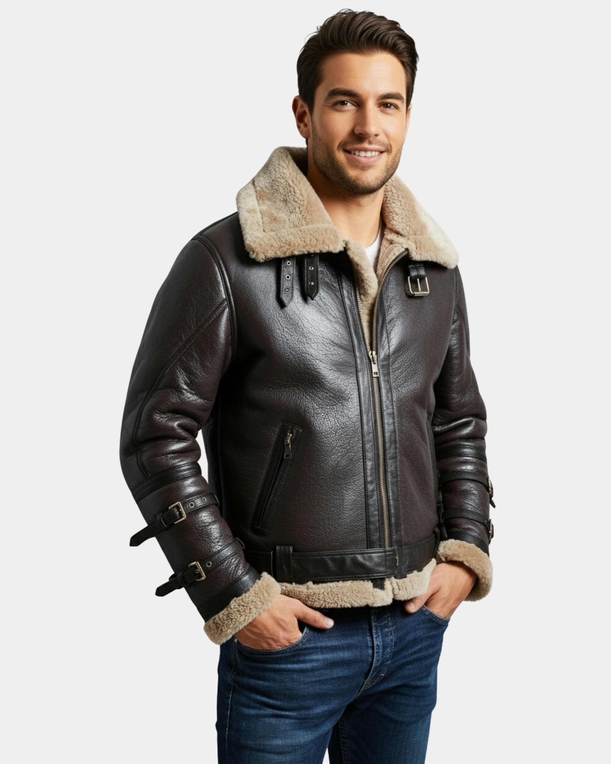 Men Bomber Flying Aviator B3 Real Leather Jacket Double Collar Zenith Brown MF7
