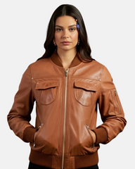 Womens Leather Classic Bomber Jacket Motto Dynamo Tan