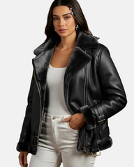 Womens Sheepskin Aviator Cross Zip Pilot Jacket Nova Black