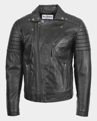 Mens Biker Leather Jacket Dual Zip Nova Black