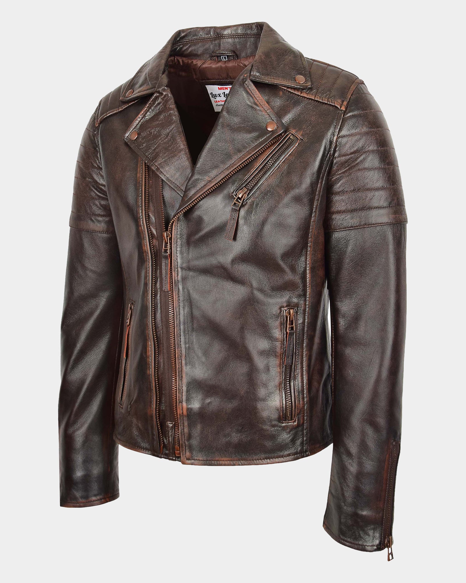 Mens Biker Leather Jacket Dual Zip Hook Zenith Brown