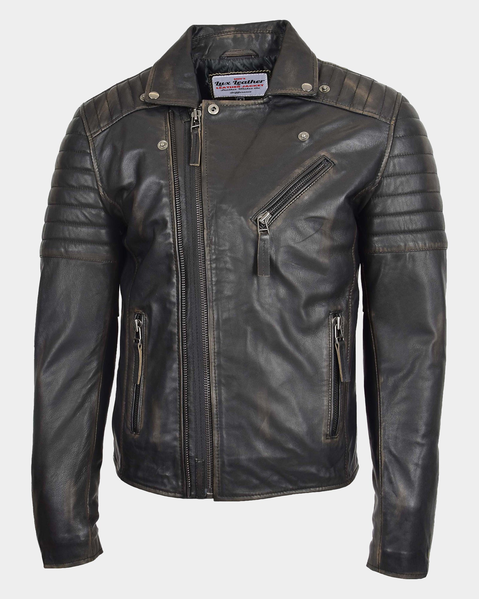 Mens Biker Leather Jacket Dual Zip Hook Paradox Rub Off