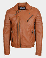 Mens Biker Leather Jacket Dual Zip Dynamo Tan
