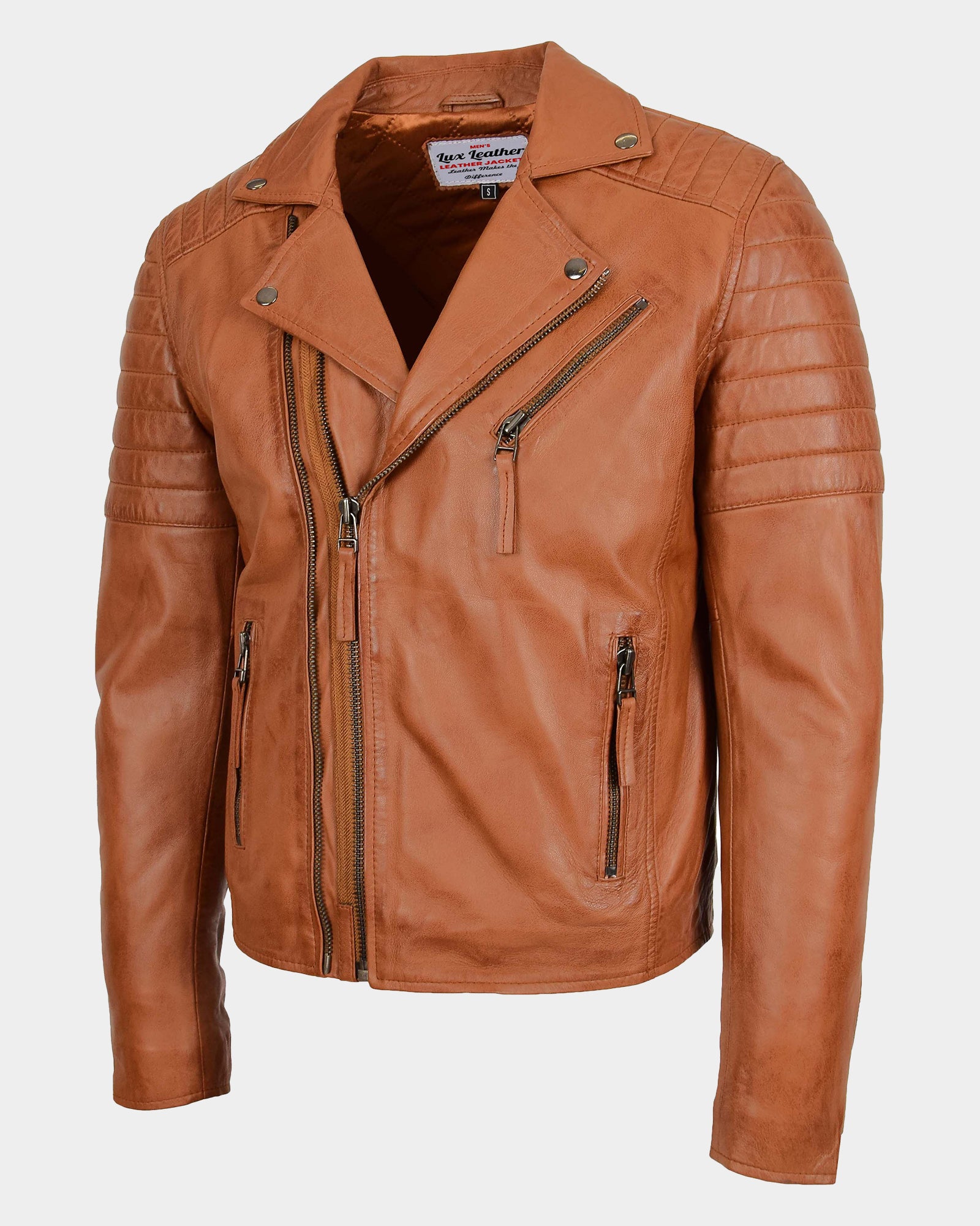 Mens Biker Leather Jacket Dual Zip Dynamo Tan