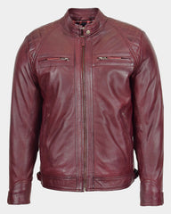 Mens Biker Leather Jacket Standing Collar Infinite Burgundy