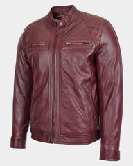 Mens Biker Leather Jacket Standing Collar Infinite Burgundy