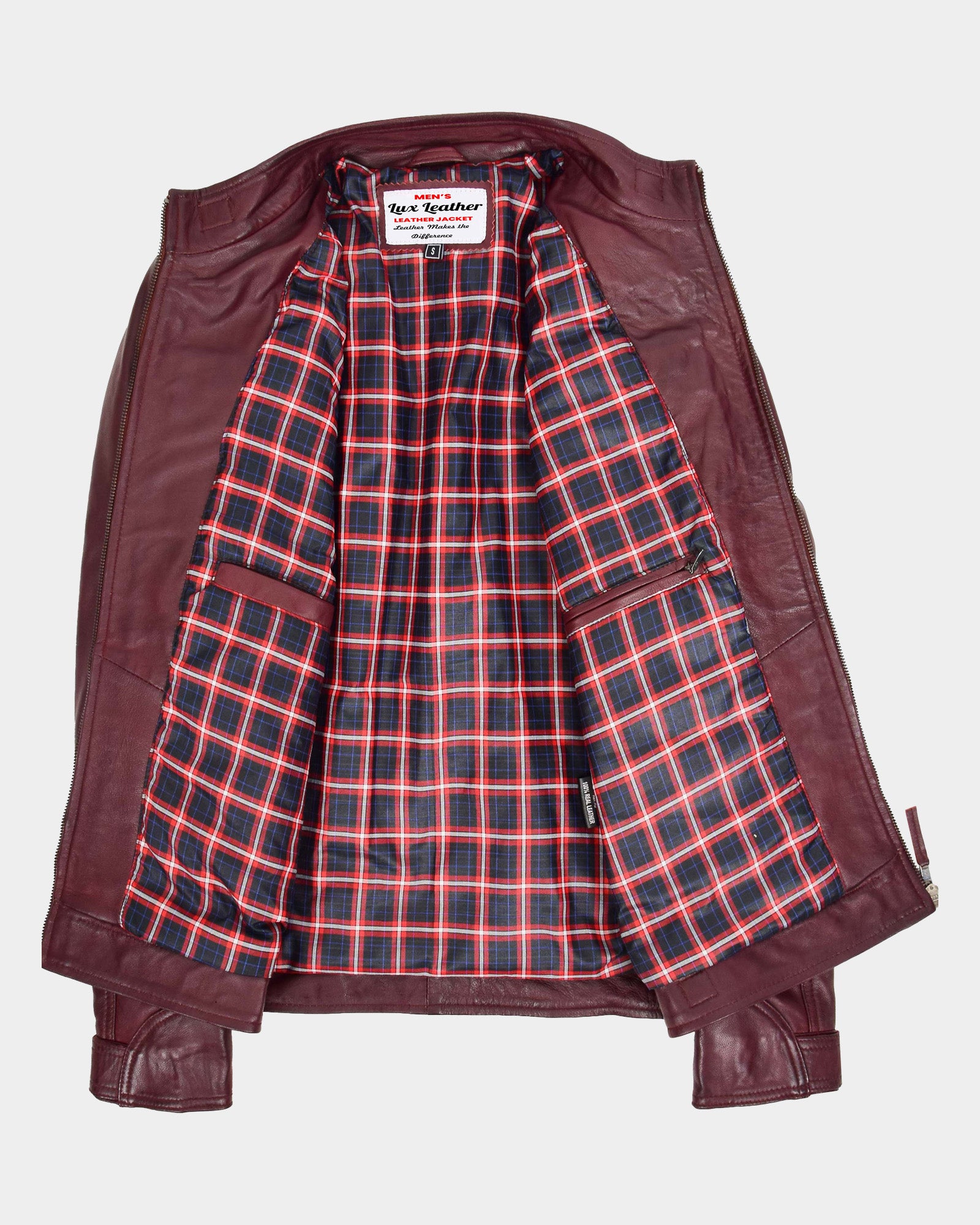 Mens Biker Leather Jacket Standing Collar Infinite Burgundy