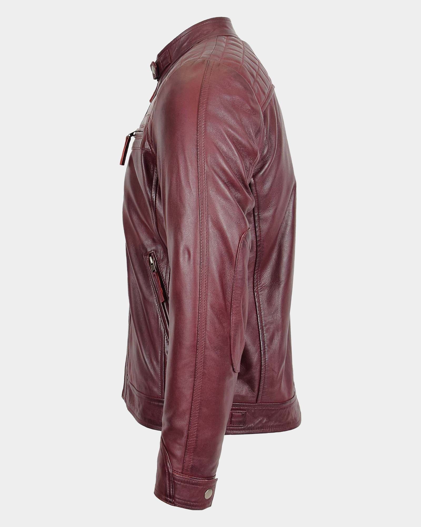 Mens Biker Leather Jacket Standing Collar Infinite Burgundy