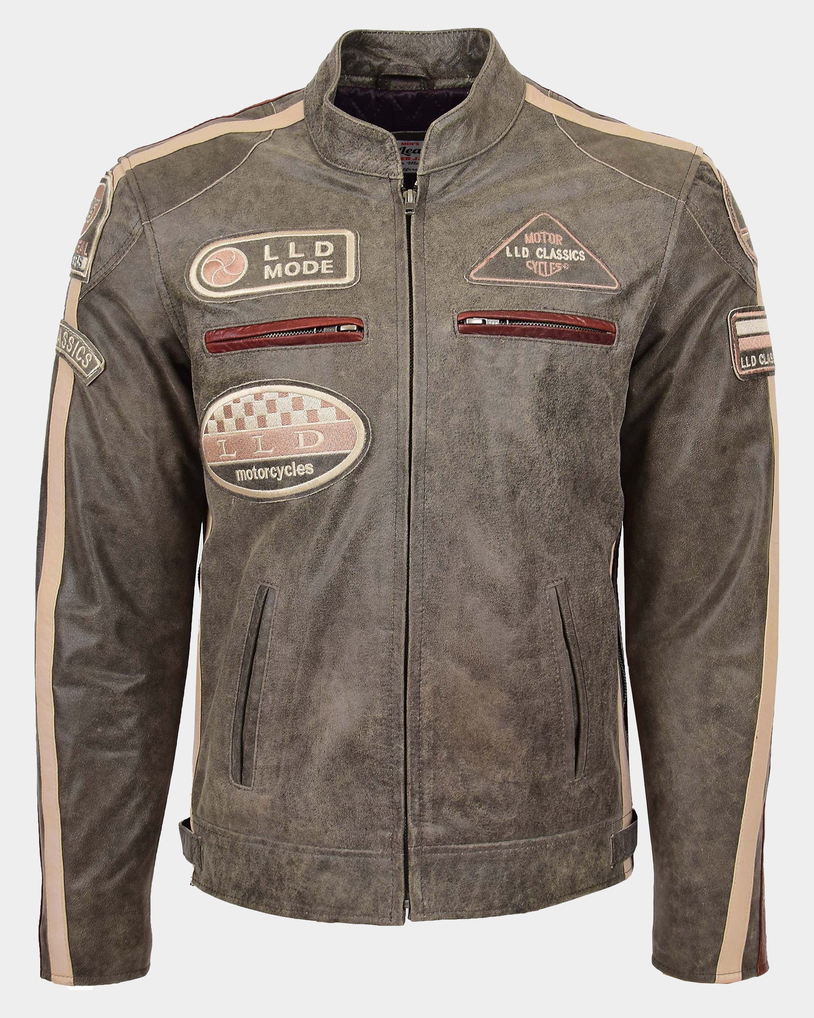 Mens Biker Leather Jacket with Badges Zenith Brown