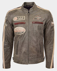 Mens Biker Leather Jacket with Badges Zenith Brown
