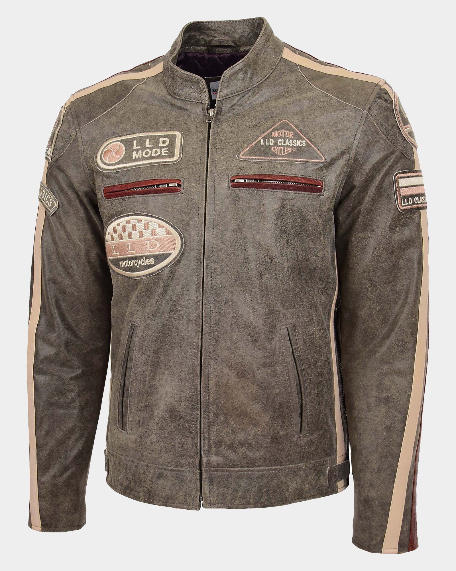 Mens Biker Leather Jacket with Badges Zenith Brown