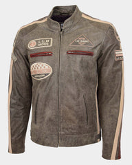 Mens Biker Leather Jacket with Badges Zenith Brown