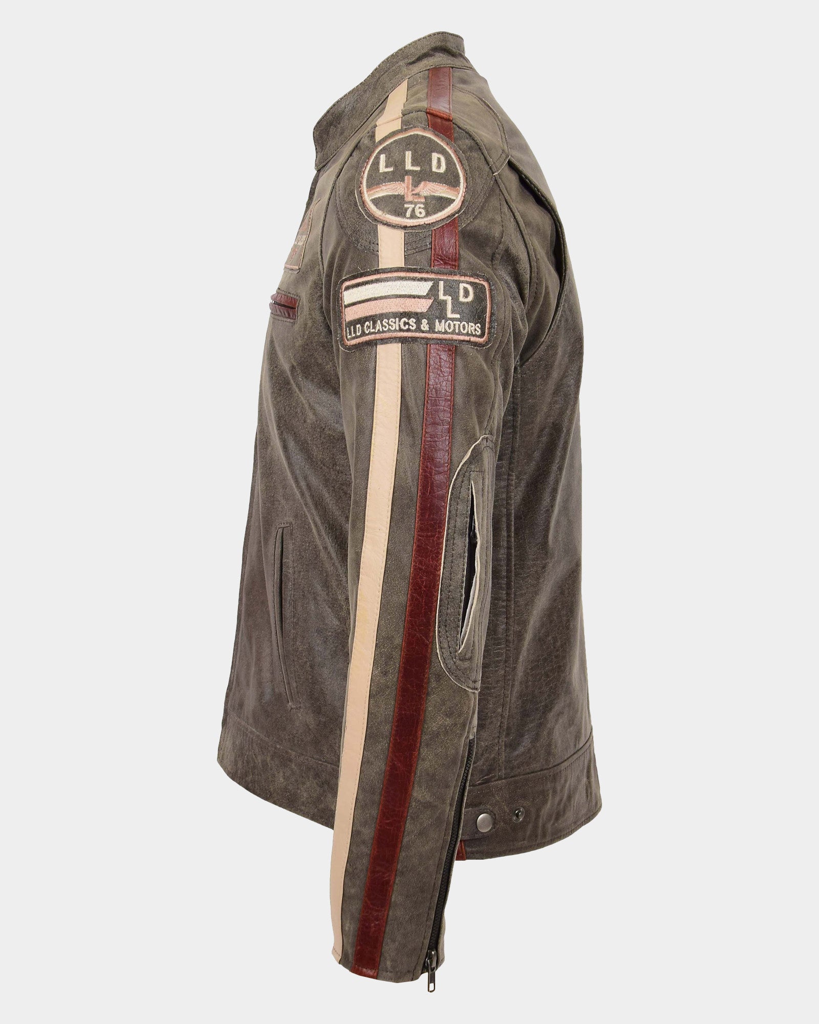 Mens Biker Leather Jacket with Badges Zenith Brown
