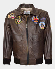 Mens Bomber Leather Jacket Air Force Style Lester Zenith Brown