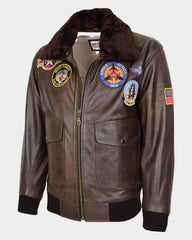 Mens Bomber Leather Jacket Air Force Style Lester Zenith Brown