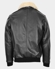 Mens Bomber Leather Jacket with Sheepskin Collar Viggo Nova Black