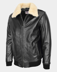 Mens Bomber Leather Jacket with Sheepskin Collar Viggo Nova Black