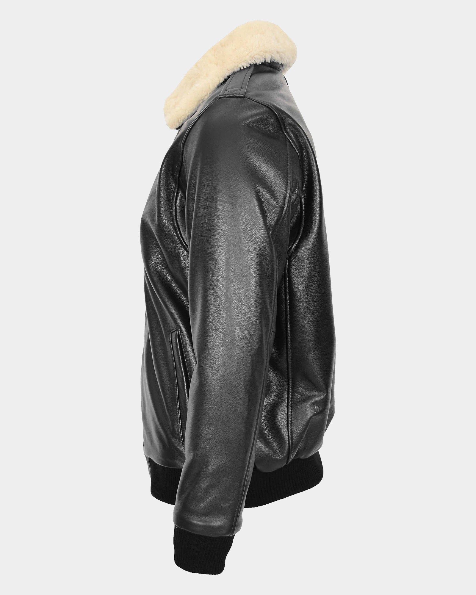 Mens Bomber Leather Jacket with Sheepskin Collar Viggo Nova Black