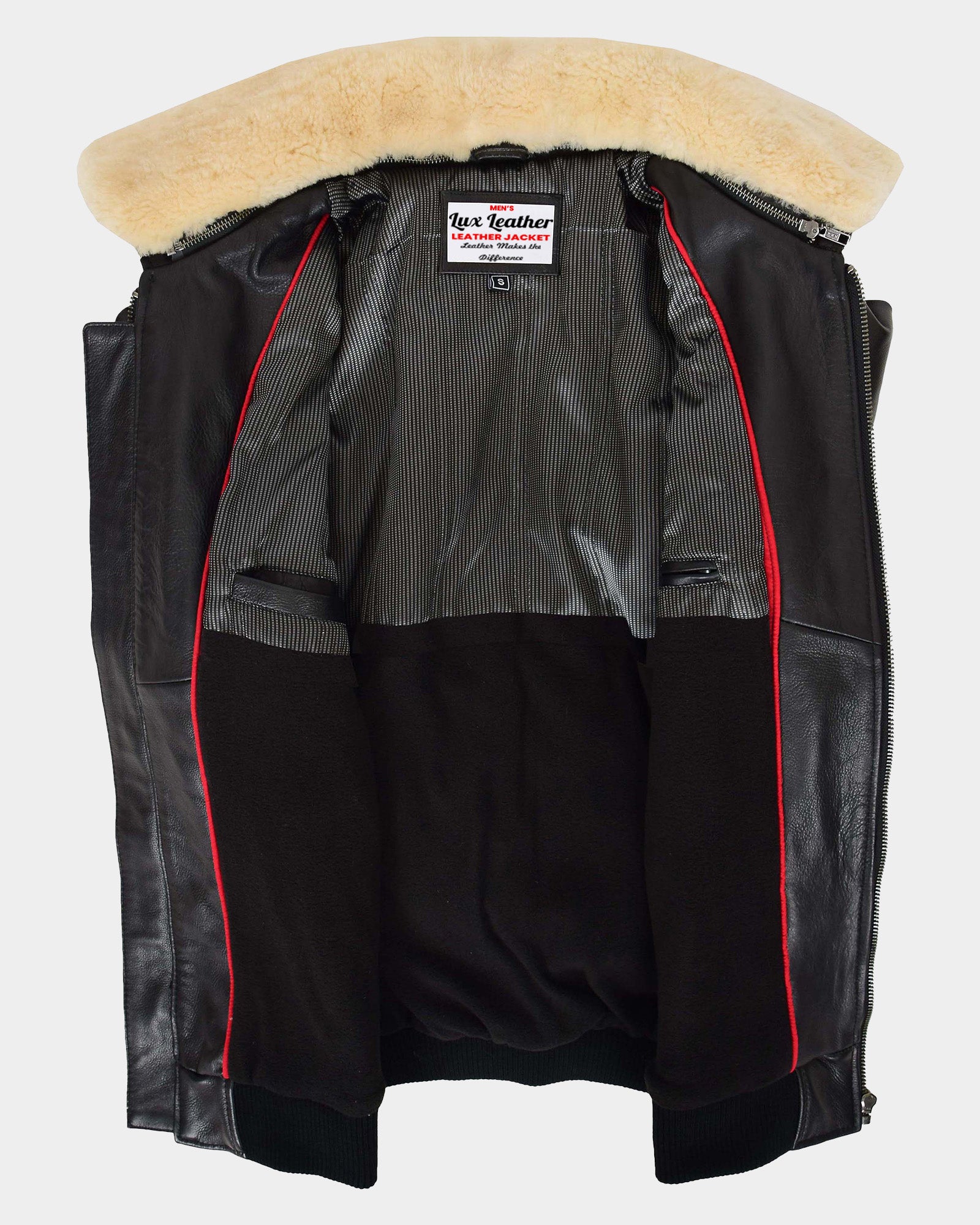 Mens Bomber Leather Jacket with Sheepskin Collar Viggo Nova Black