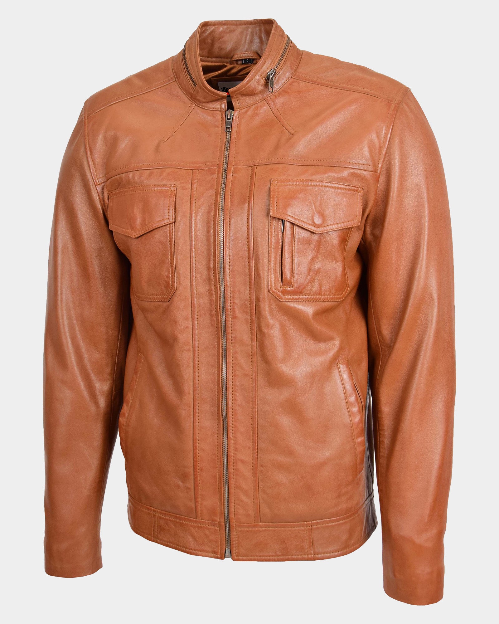 Mens Casual Biker Leather Jacket Dynamo Tan