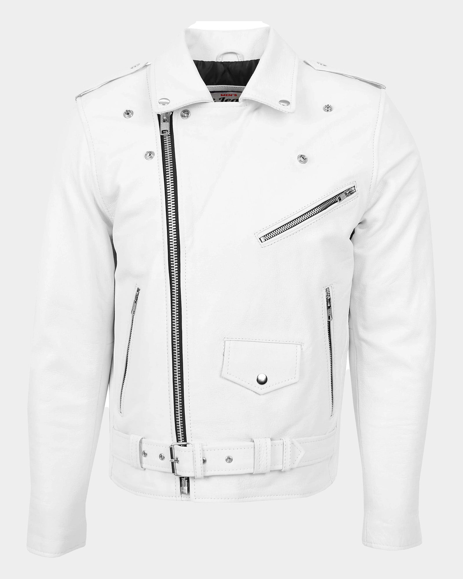 Mens Heavy Duty Leather Biker Brando Jacket Astral White