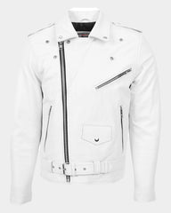 Mens Heavy Duty Leather Biker Brando Jacket Astral White