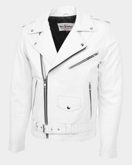 Mens Heavy Duty Leather Biker Brando Jacket Astral White