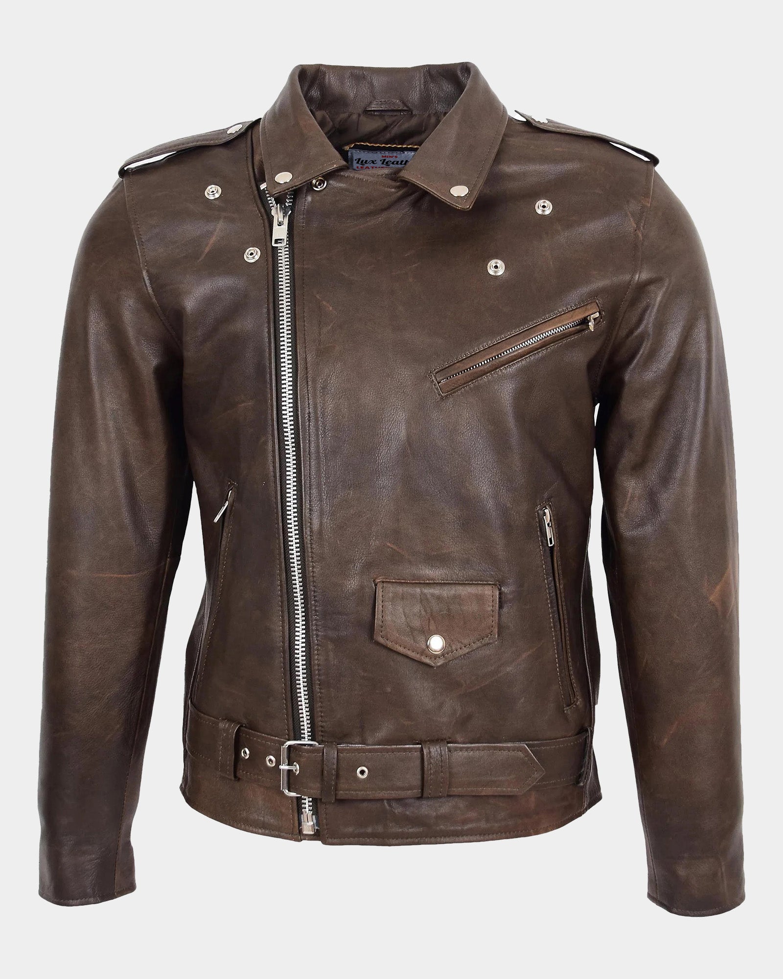 Mens Heavy Duty Leather Biker Brando Jacket Zenith Brown