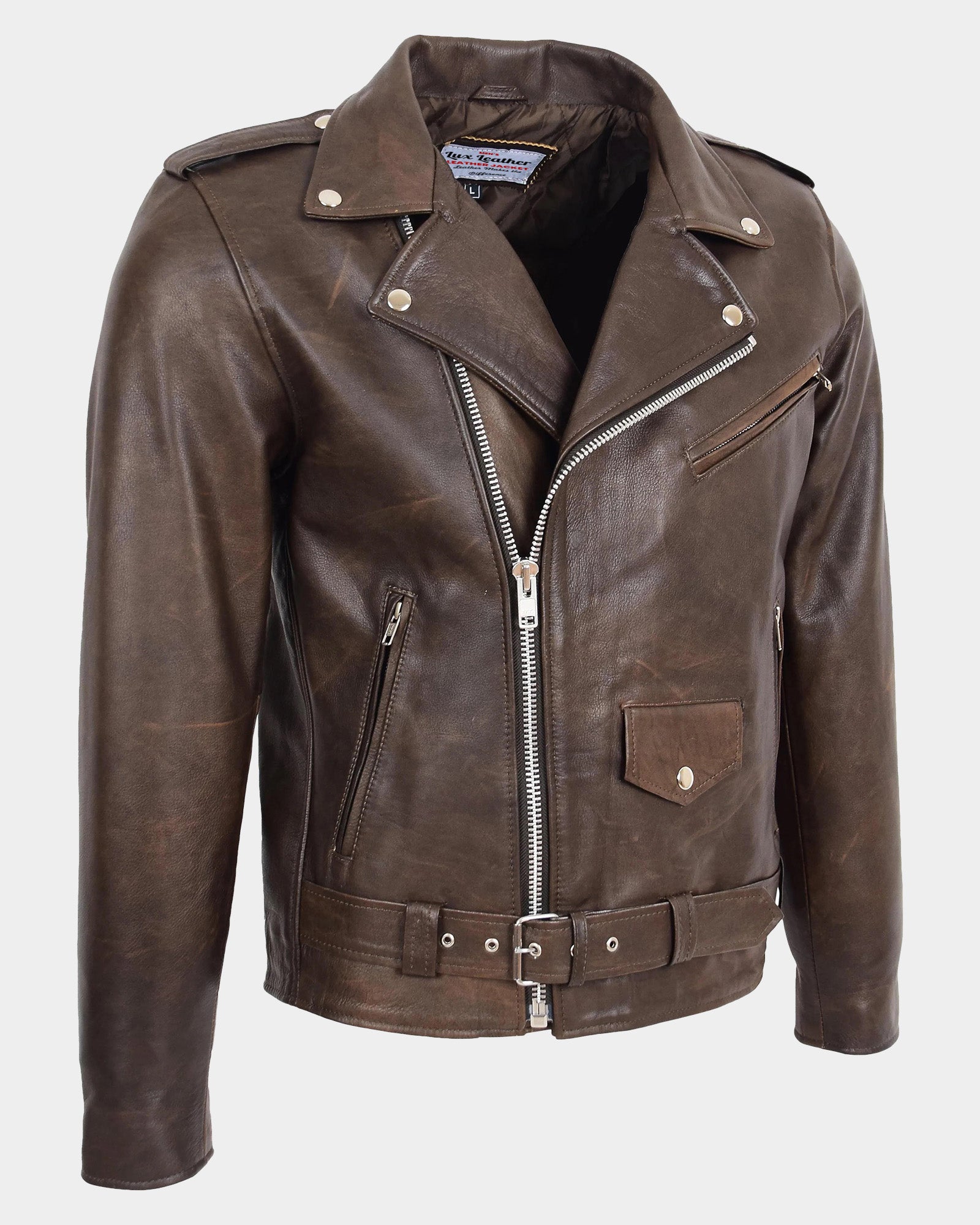 Mens Heavy Duty Leather Biker Brando Jacket Zenith Brown