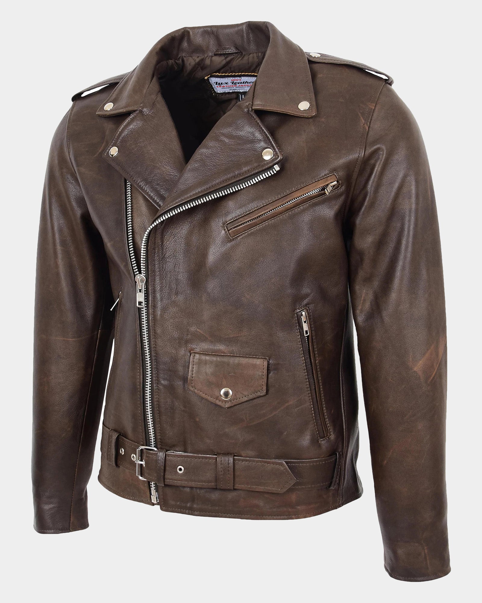 Mens Heavy Duty Leather Biker Brando Jacket Zenith Brown