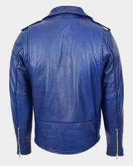 Mens Heavy Duty Leather Biker Brando Jacket Radiant Blue