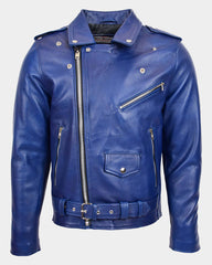 Mens Heavy Duty Leather Biker Brando Jacket Radiant Blue