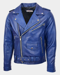 Mens Heavy Duty Leather Biker Brando Jacket Radiant Blue