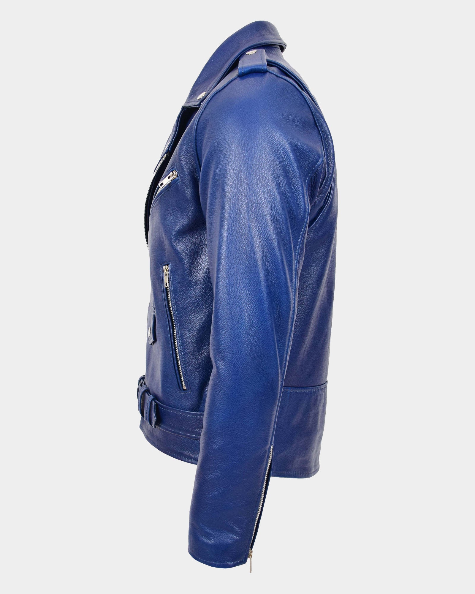 Mens Heavy Duty Leather Biker Brando Jacket Radiant Blue