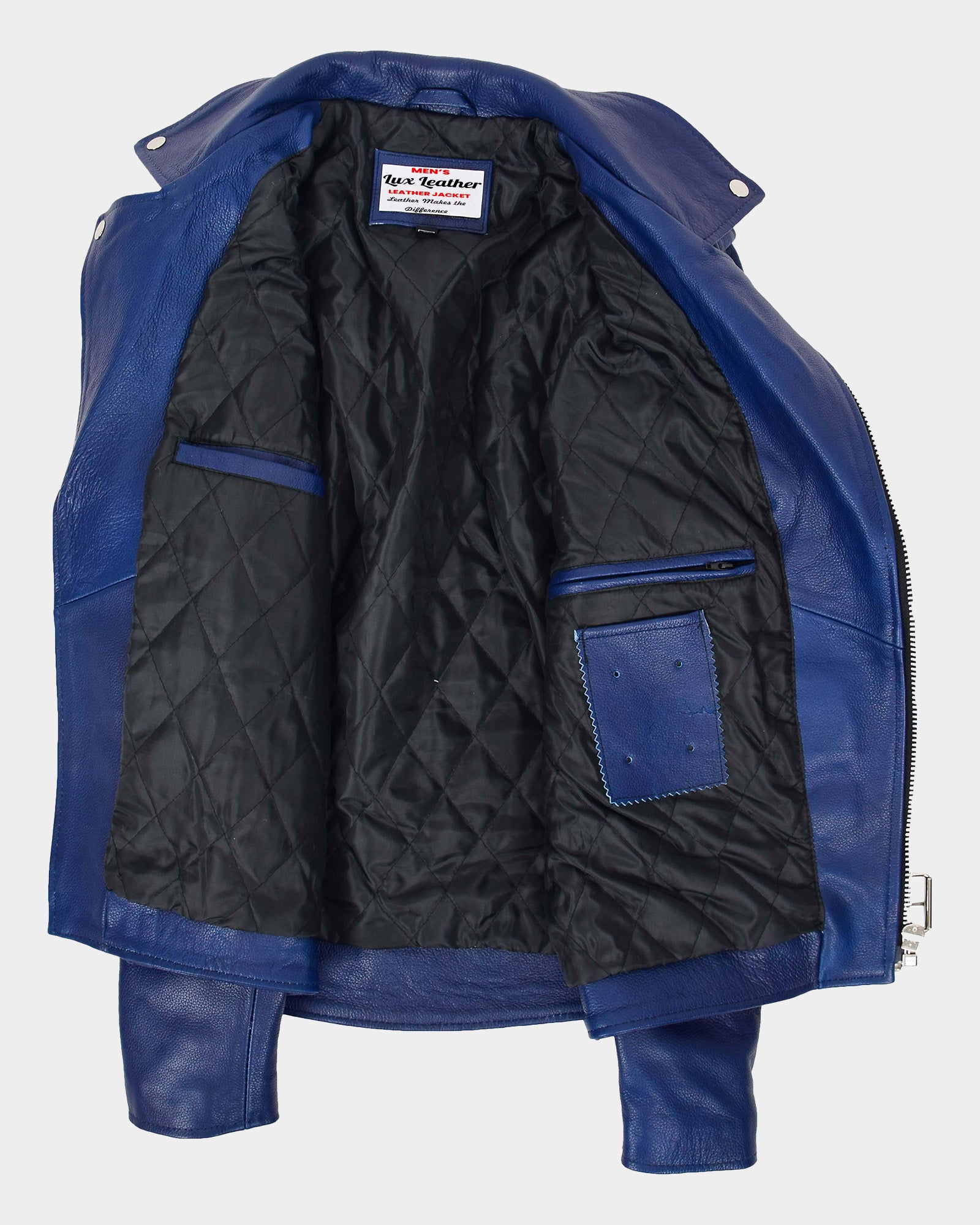 Mens Heavy Duty Leather Biker Brando Jacket Radiant Blue