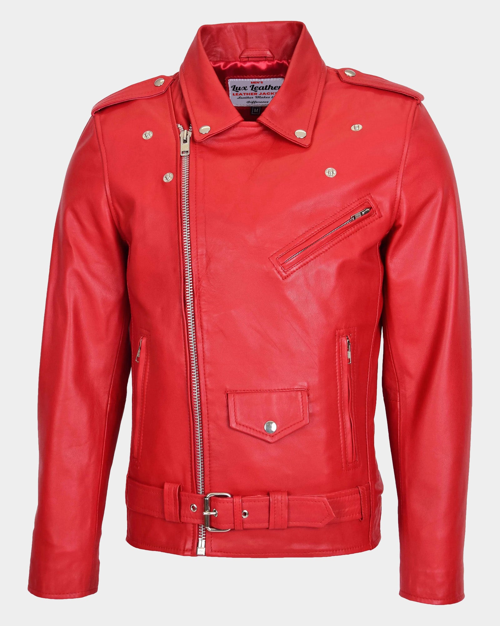 Mens Leather Biker Jacket Brando Style Johnny Dynamo Ignite Red
