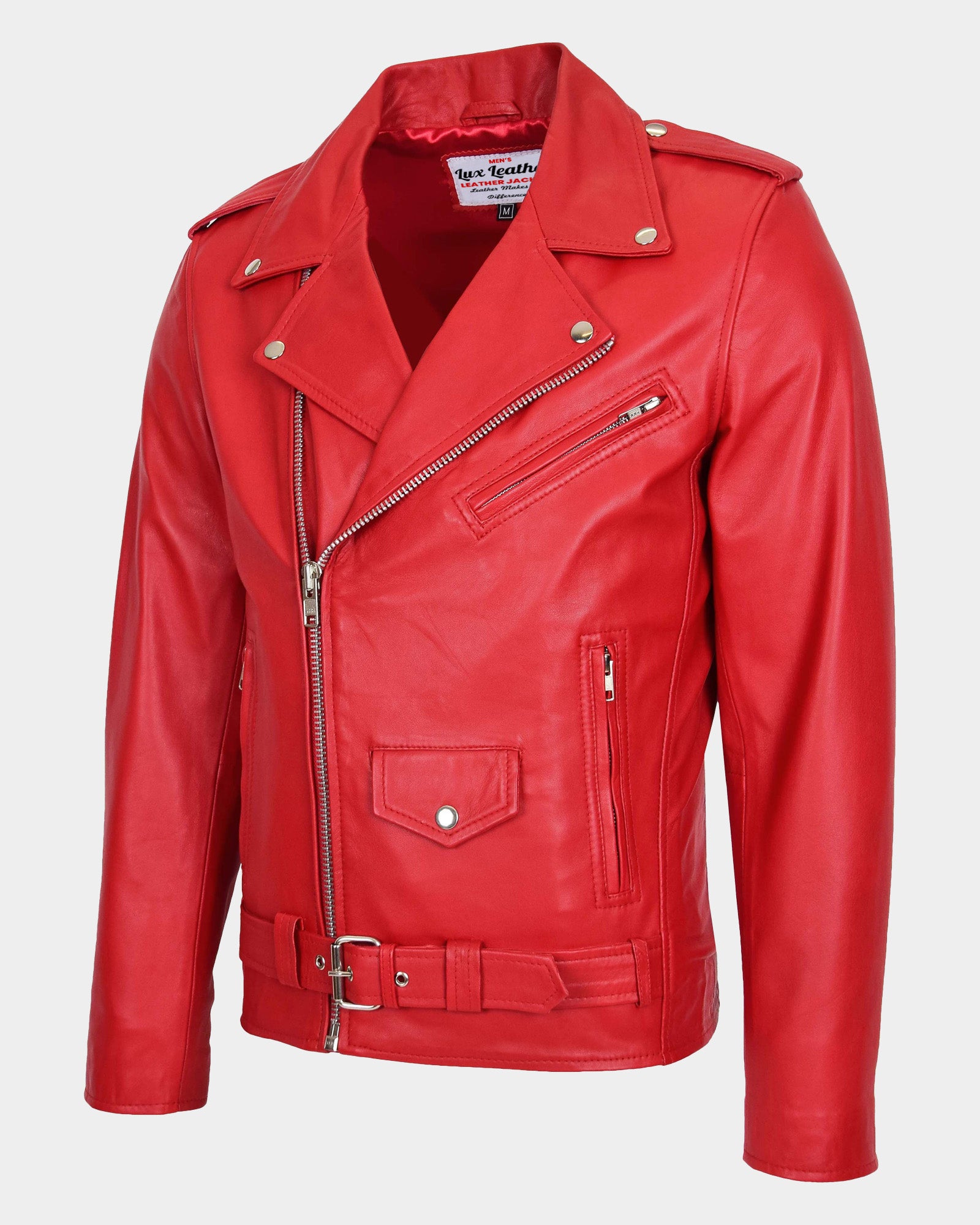 Mens Leather Biker Jacket Brando Style Johnny Dynamo Ignite Red