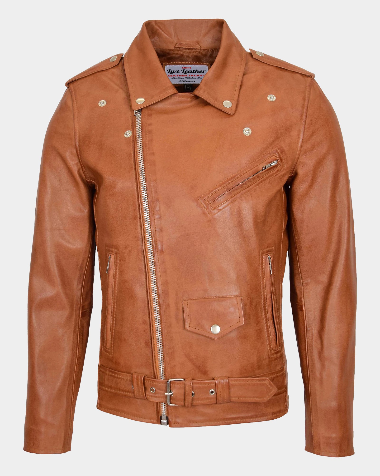 Mens Leather Biker Jacket Brando Style Johnny Dynamo Tan