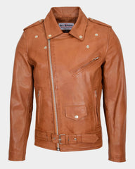 Mens Leather Biker Jacket Brando Style Johnny Dynamo Tan