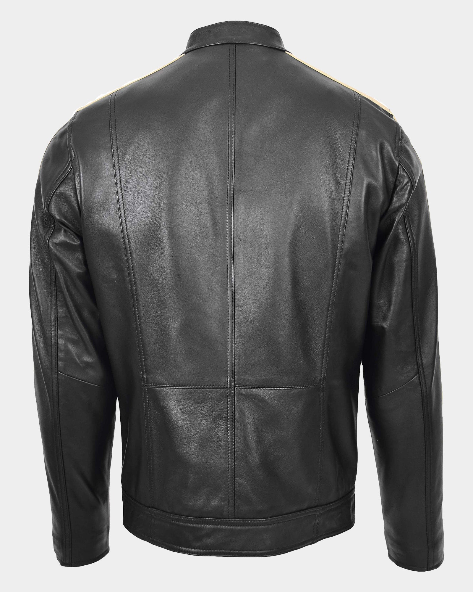 Mens Leather Biker Jacket with Racing Stripes Clyde Nova Black