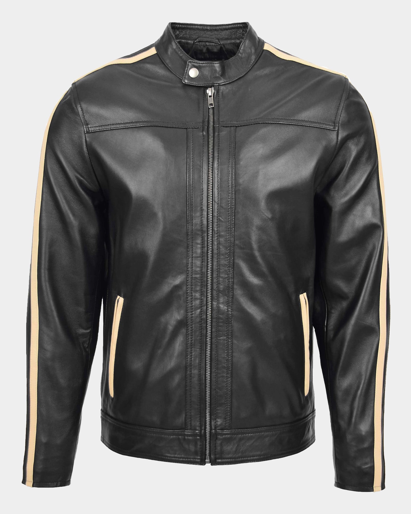 Mens Leather Biker Jacket with Racing Stripes Clyde Nova Black