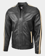 Mens Leather Biker Jacket with Racing Stripes Clyde Nova Black