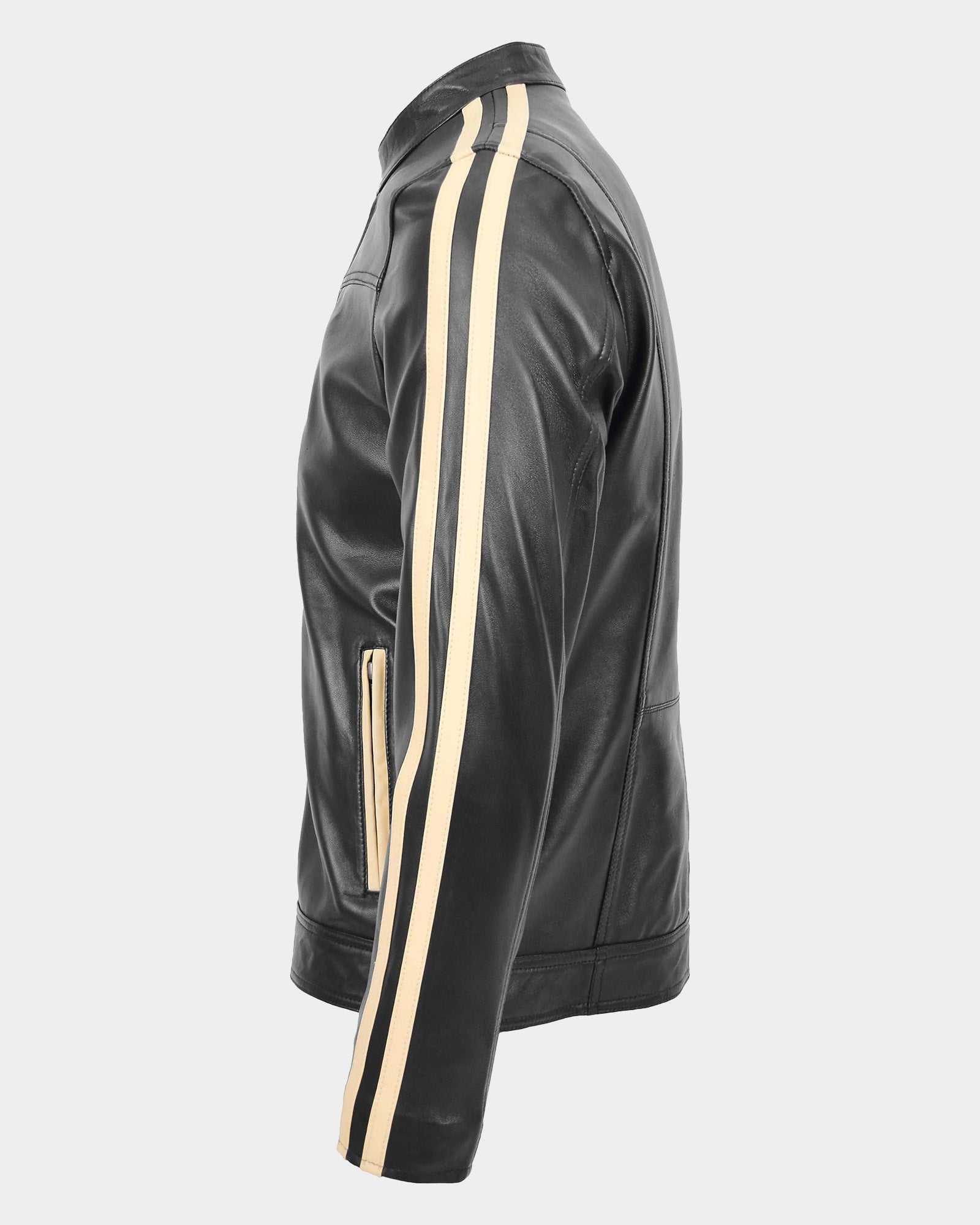 Mens Leather Biker Jacket with Racing Stripes Clyde Nova Black