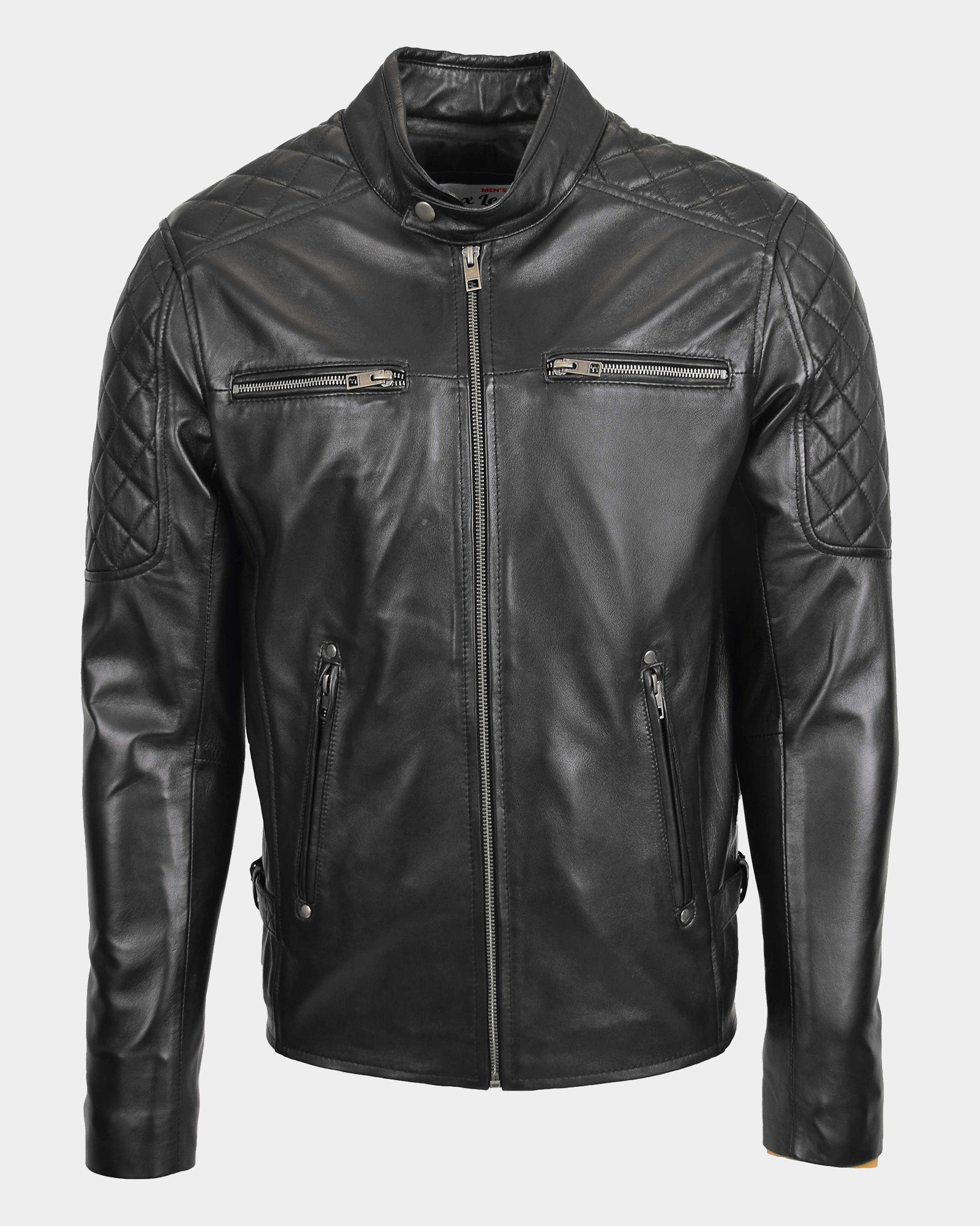 Mens Leather Biker Style Jacket with Quilt Detail Nova Black
