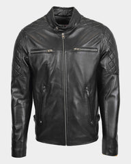 Mens Leather Biker Style Jacket with Quilt Detail Nova Black