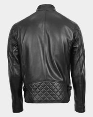 Mens Leather Biker Style Jacket with Quilt Detail Nova Black
