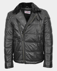 Mens Leather Biker Style Puffer Jacket Ronnie Nova Black