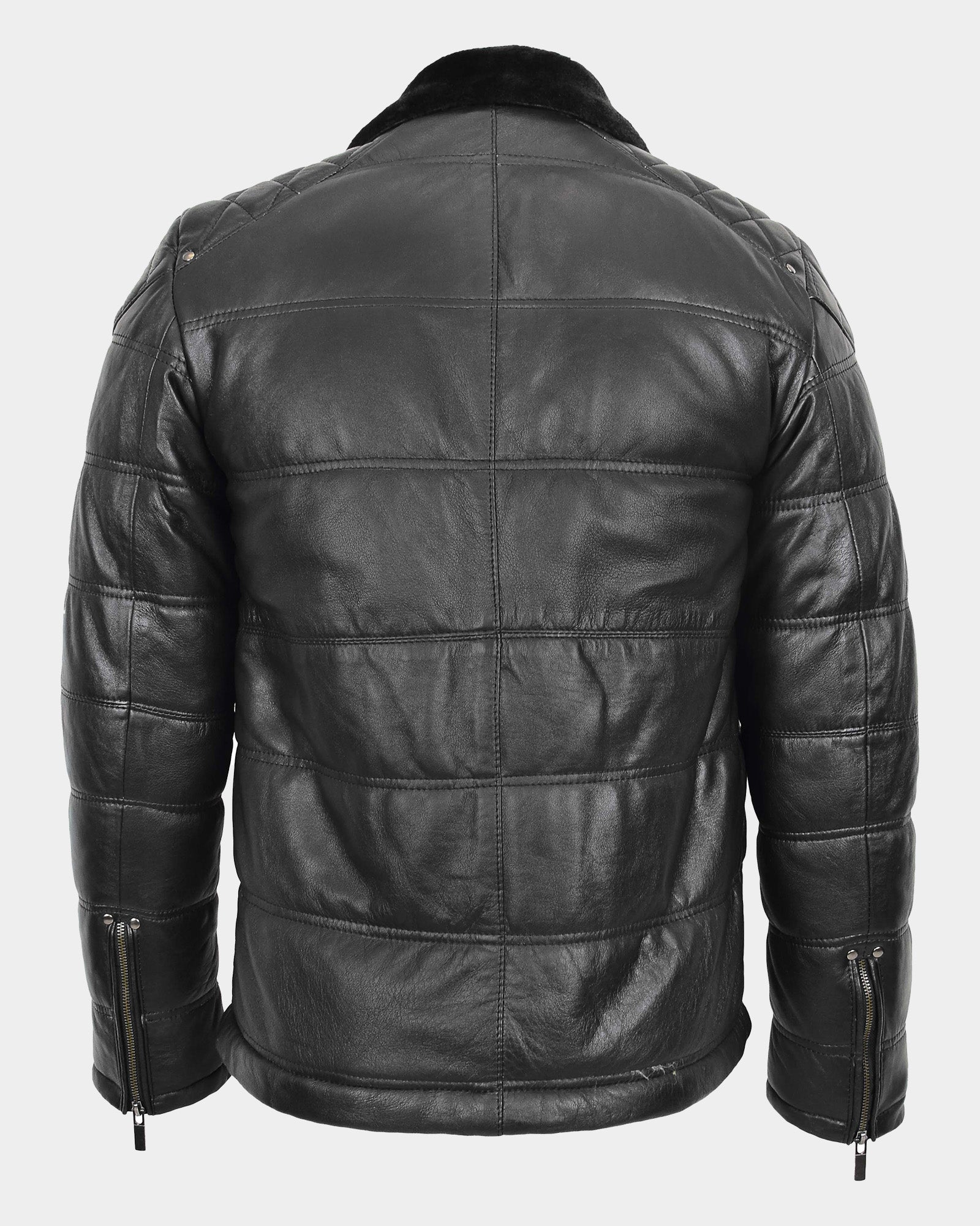 Mens Leather Biker Style Puffer Jacket Ronnie Nova Black