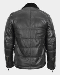 Mens Leather Biker Style Puffer Jacket Ronnie Nova Black